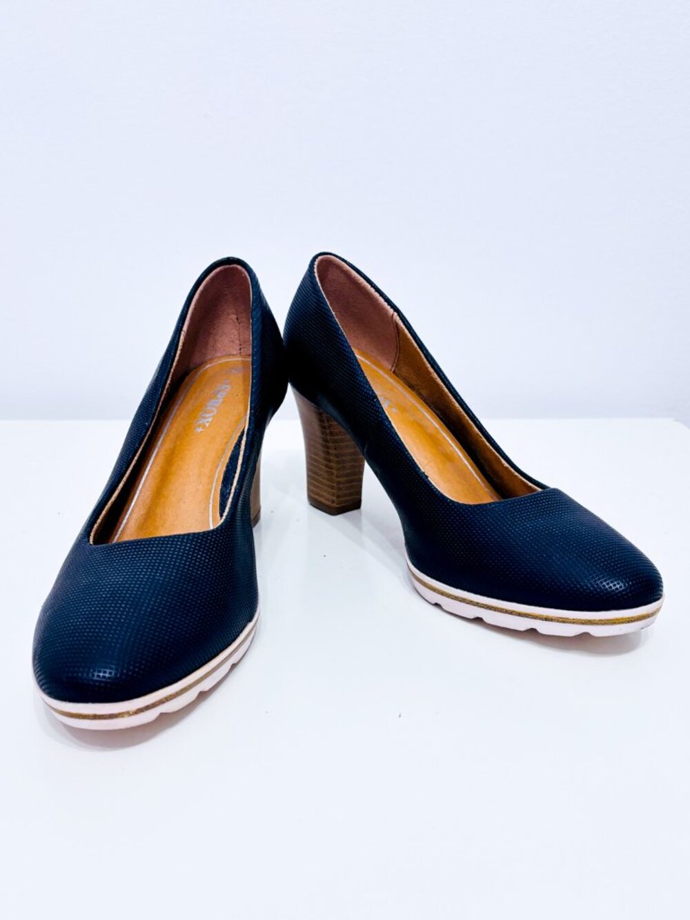 SPROX Navy Blue Textured Round Toe Block Heel Pumps Size 39 EU